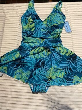 Vonique Blue-Green Tropical Leaf One-Piece Swimdress